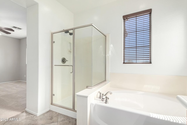 9148 W Meadow Dr, Peoria, AZ 85382 - bathroom featuring a garden tub, a shower stall, and ceiling fan