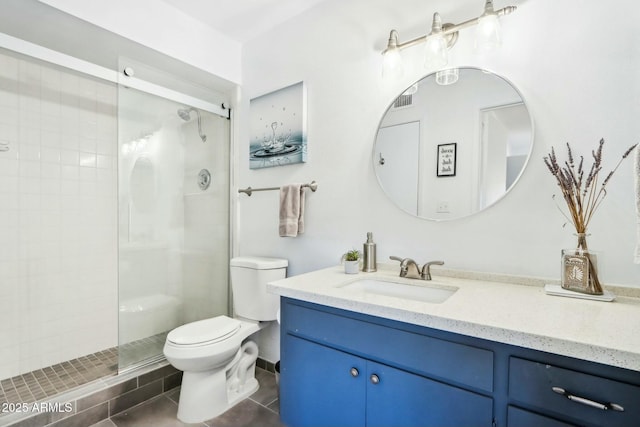 bathroom with toilet, a shower with door, vanity, and tile patterned floors