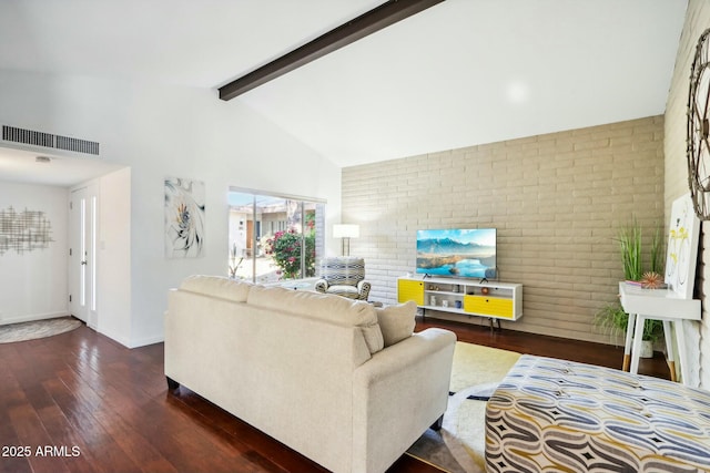 living room featuring brick wall, dark wood-type flooring, beam ceiling, and high vaulted ceiling