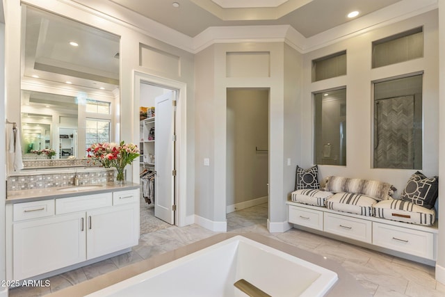 full bath featuring recessed lighting, marble finish floor, vanity, and baseboards