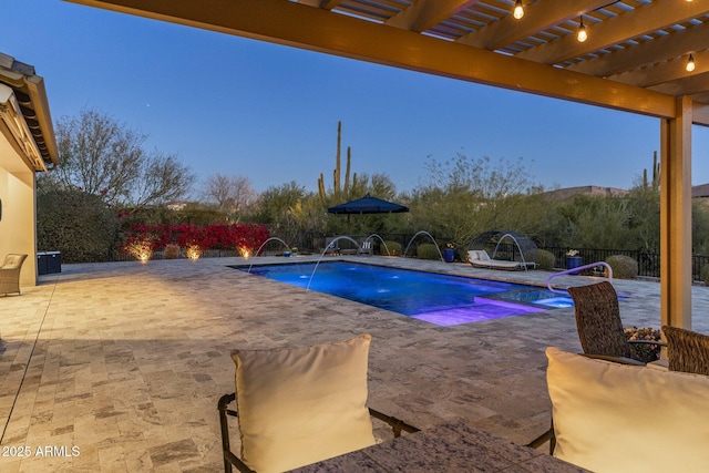 view of pool with a patio, a fenced backyard, a fenced in pool, and a pergola