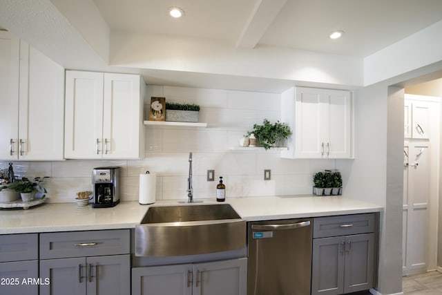 8135 N Central Ave Unit 1, Phoenix, AZ 85020 - kitchen with stainless steel dishwasher, a sink, open shelves, gray cabinetry, and recessed lighting