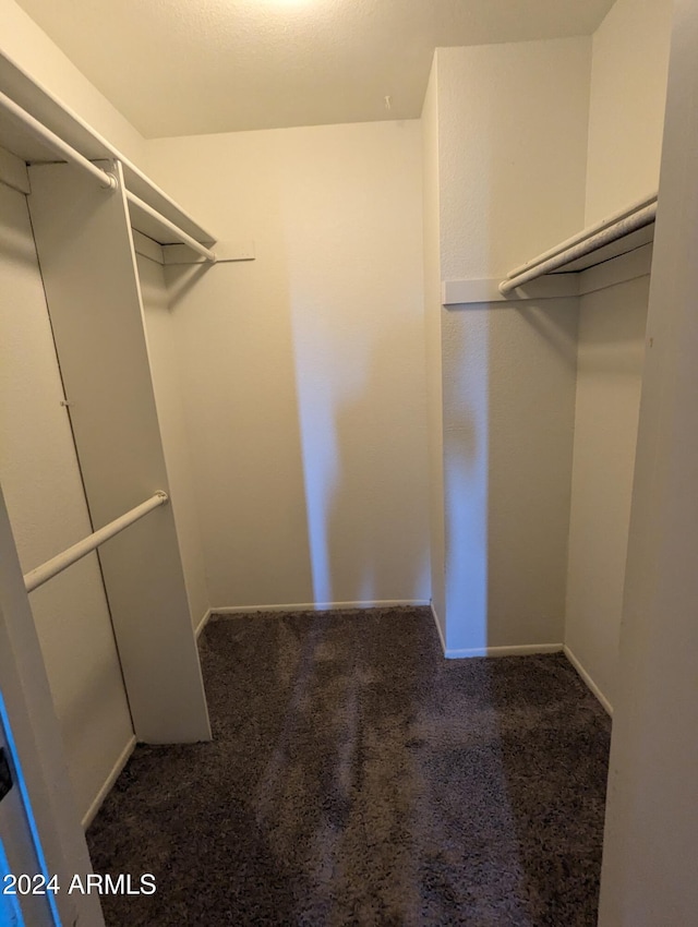 walk in closet featuring dark carpet