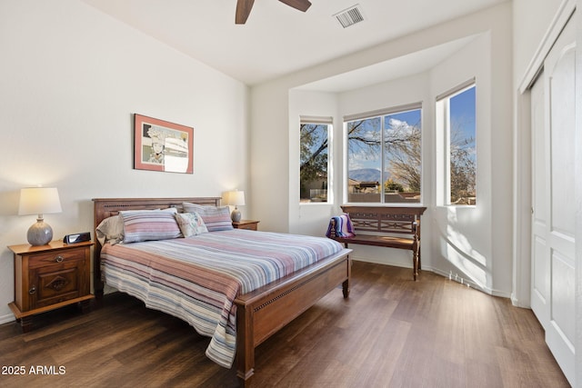 bedroom featuring ceiling fan, a closet, and dark wood-type flooring