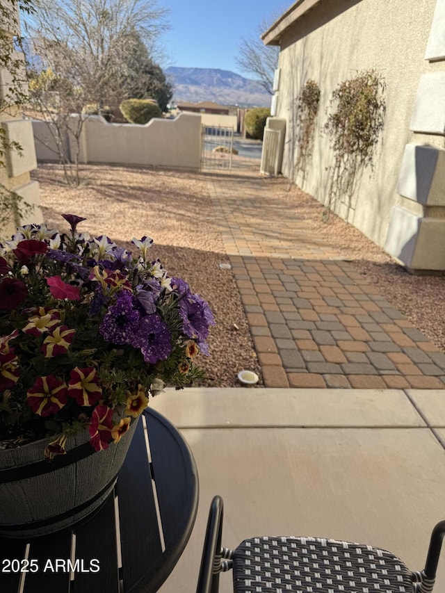 view of yard with a mountain view and a patio area