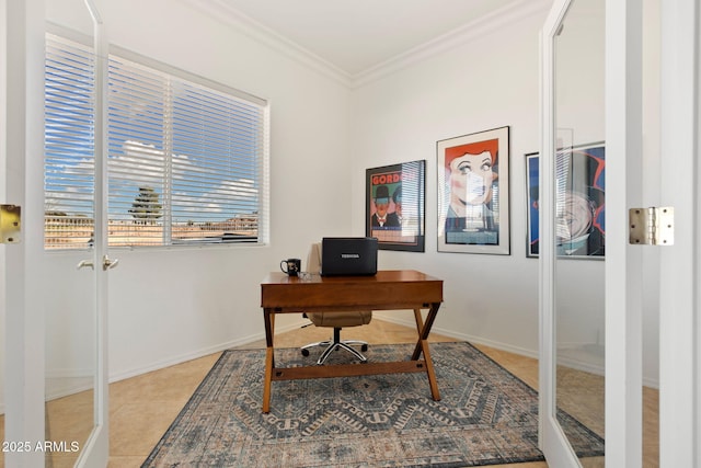 tiled office featuring french doors and ornamental molding