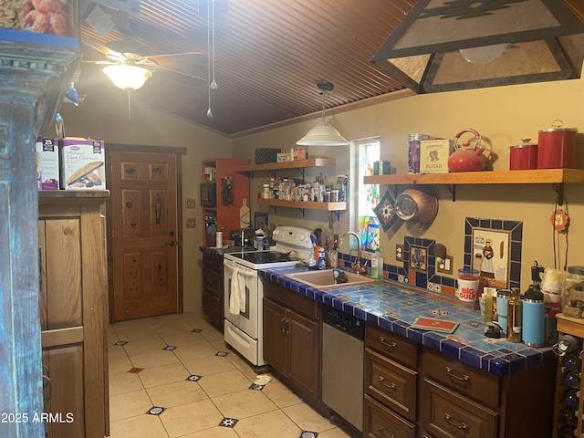 kitchen with sink, dishwasher, dark brown cabinets, white range with electric stovetop, and tile countertops