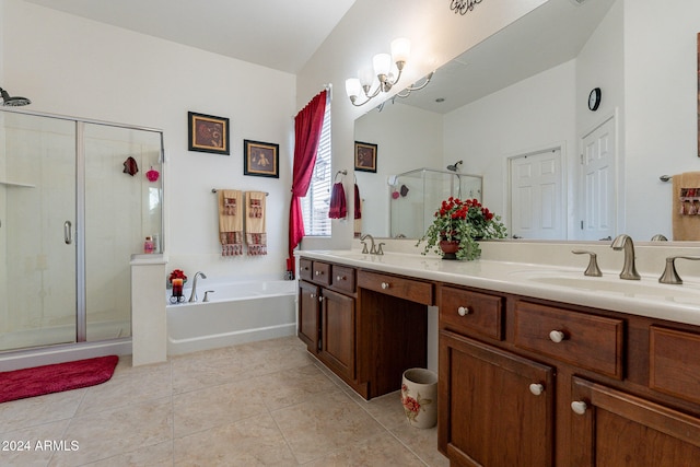 bathroom with tile patterned flooring, vanity, and plus walk in shower