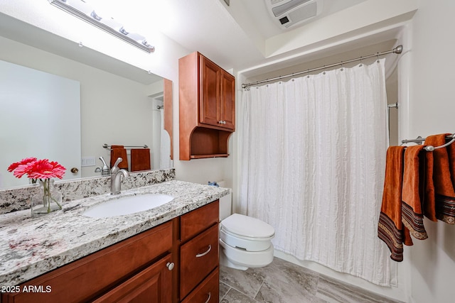 full bath with visible vents, toilet, and vanity