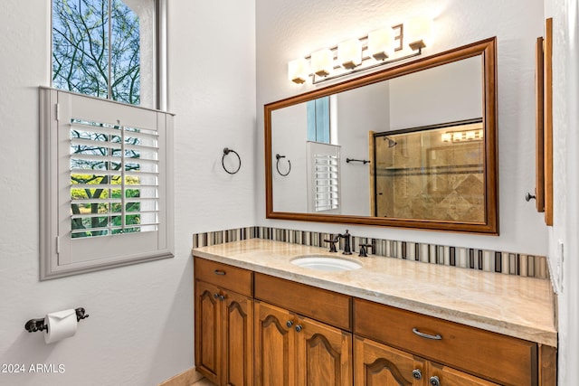 bathroom with plenty of natural light, vanity, and a shower with shower door