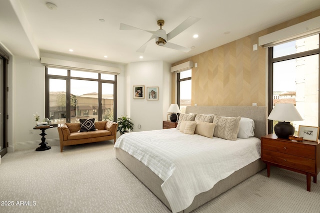 bedroom featuring baseboards, carpet, a ceiling fan, and recessed lighting