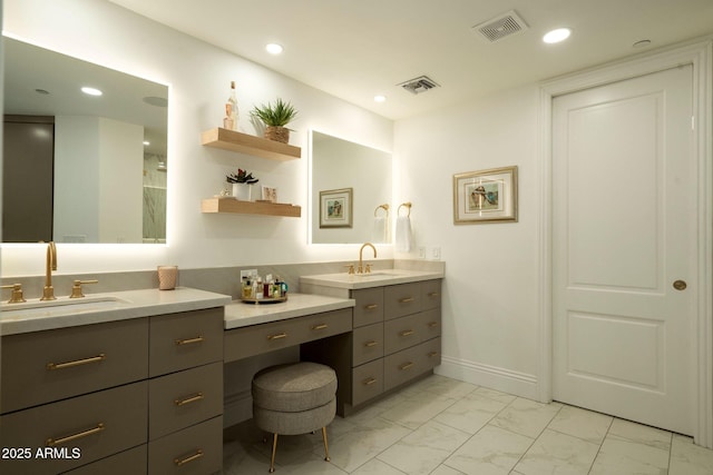 full bath with marble finish floor, vanity, visible vents, and recessed lighting