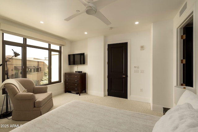 bedroom featuring recessed lighting, visible vents, light carpet, ceiling fan, and baseboards