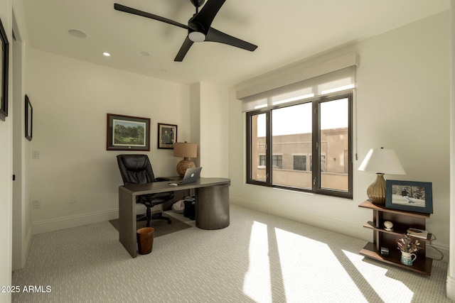 home office featuring recessed lighting, carpet, a ceiling fan, and baseboards