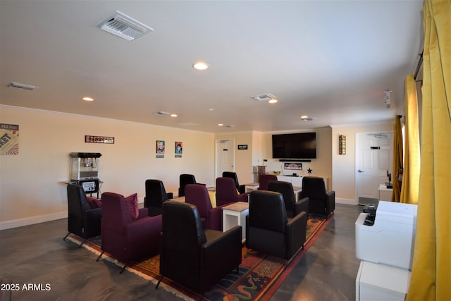 home theater featuring recessed lighting, concrete floors, visible vents, baseboards, and crown molding