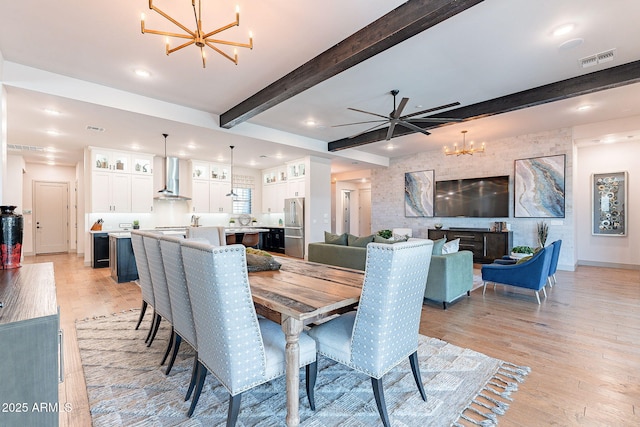 dining room featuring recessed lighting, beam ceiling, visible vents, and light wood-style flooring