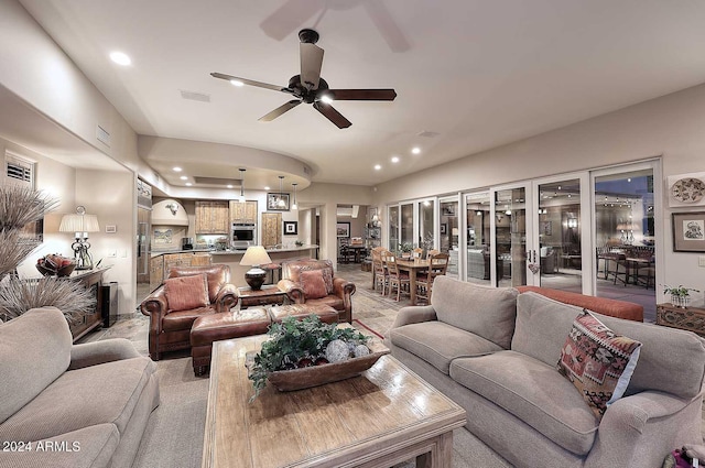 living room with ceiling fan