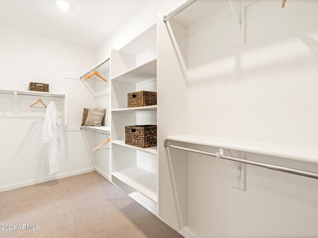 walk in closet featuring light colored carpet