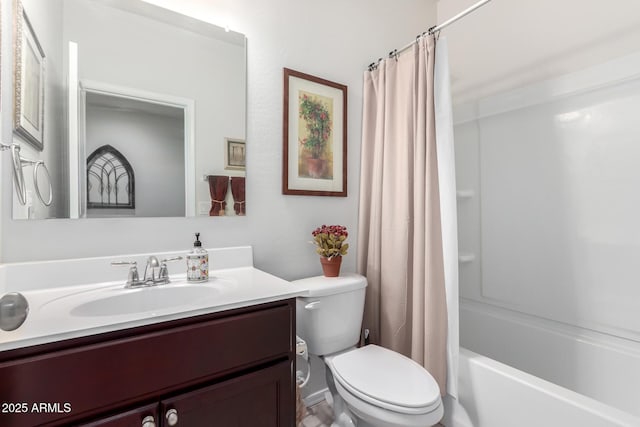 full bathroom featuring toilet, vanity, and shower / bath combo with shower curtain