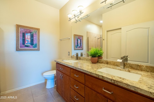 full bath with tile patterned flooring, a sink, toilet, and double vanity