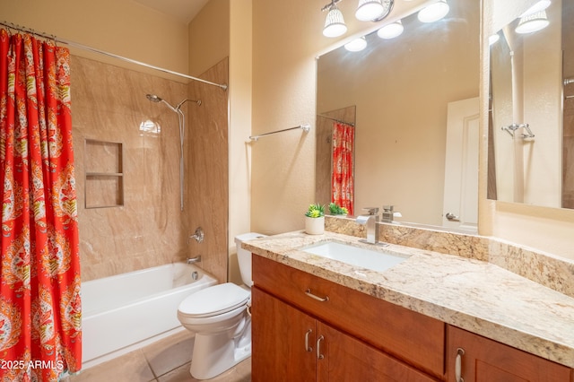 full bath featuring vanity, shower / bath combo with shower curtain, toilet, and tile patterned floors