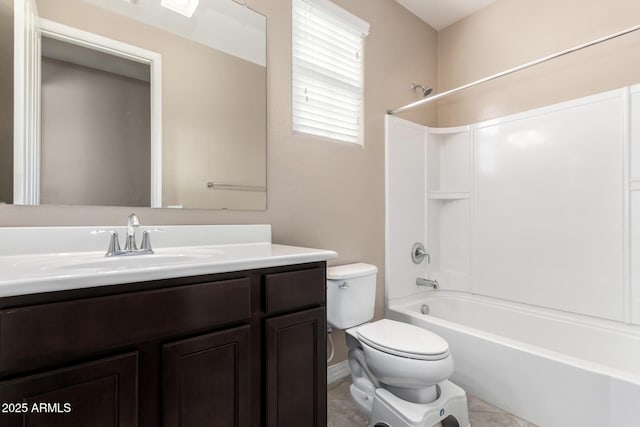 full bath with tile patterned flooring, vanity, toilet, and bathing tub / shower combination