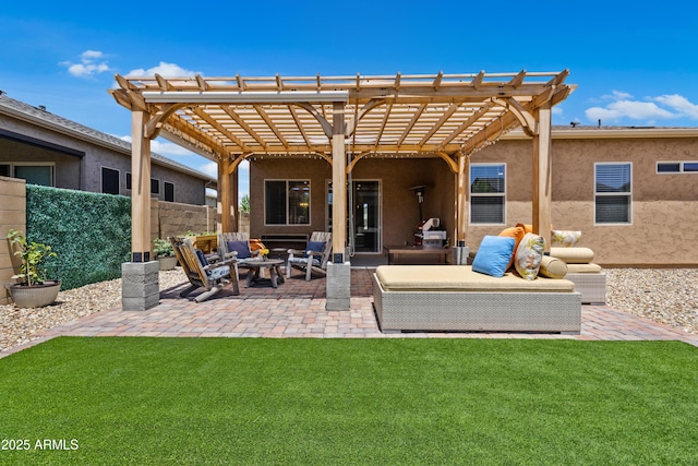 6135 E Livingston Loop, Prescott Valley, AZ 86314 - back of house with an outdoor hangout area, a pergola, stucco siding, and a patio area