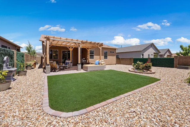 6135 E Livingston Loop, Prescott Valley, AZ 86314 - back of house with outdoor lounge area, a pergola, stucco siding, and a patio
