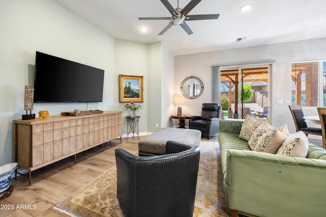 6135 E Livingston Loop, Prescott Valley, AZ 86314 - living room featuring wood finished floors, a ceiling fan, recessed lighting, and baseboards