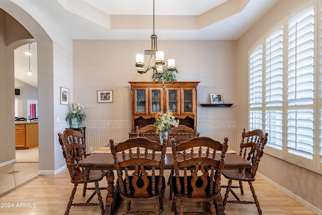 dining area featuring light wood-type flooring, a wealth of natural light, and a tray ceiling