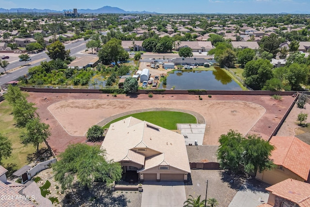 bird's eye view featuring a water and mountain view