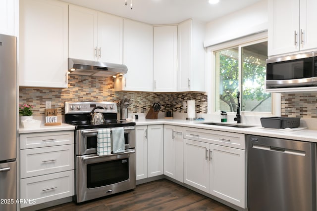 1894 E Julie Dr, Tempe, AZ 85283 - kitchen featuring stainless steel appliances, under cabinet range hood, a sink, light countertops, and white cabinetry