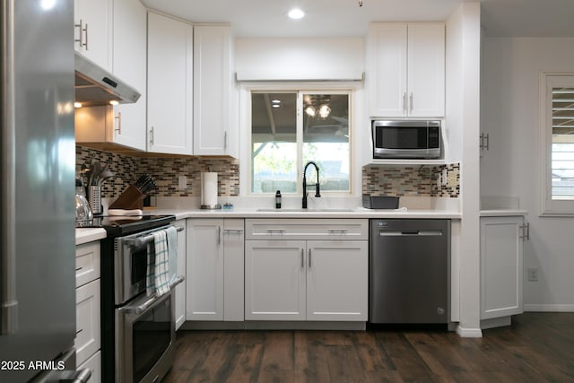 1894 E Julie Dr, Tempe, AZ 85283 - kitchen with appliances with stainless steel finishes, a sink, under cabinet range hood, light countertops, and dark wood-style flooring