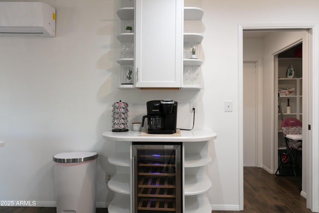 1894 E Julie Dr, Tempe, AZ 85283 - bar with wine cooler, an AC wall unit, dark wood-style floors, and baseboards