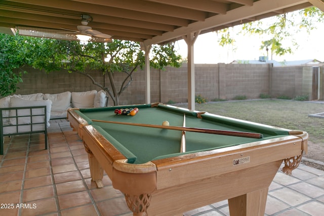 1894 E Julie Dr, Tempe, AZ 85283 - rec room featuring tile patterned floors, ceiling fan, and billiards