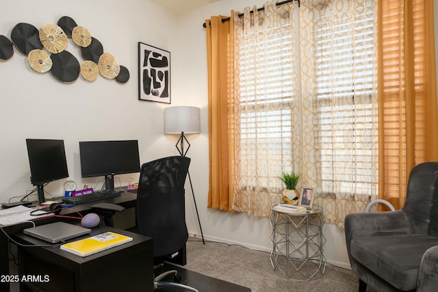 carpeted office with plenty of natural light and baseboards