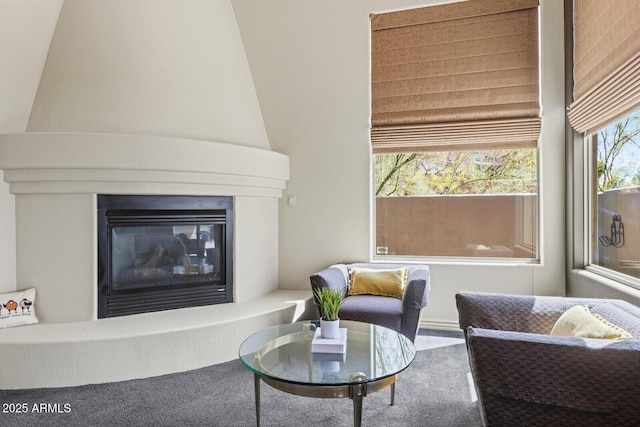 living area featuring a large fireplace