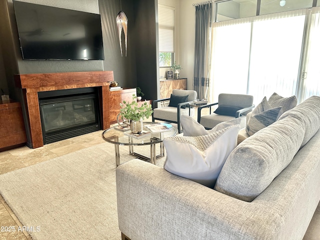 living area with a fireplace