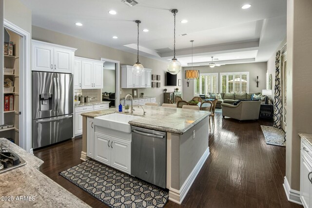 2051 E Aris Dr, Gilbert, AZ 85298 - kitchen with a sink, an island with sink, open floor plan, a tray ceiling, and appliances with stainless steel finishes