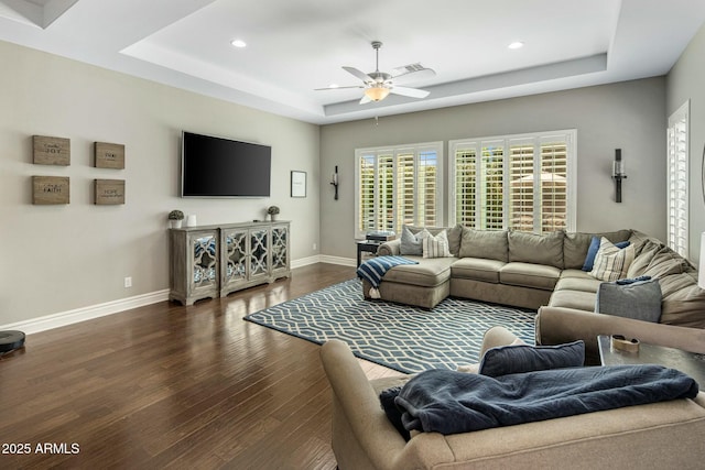 2051 E Aris Dr, Gilbert, AZ 85298 - living room with recessed lighting, dark wood-style floors, a raised ceiling, baseboards, and ceiling fan