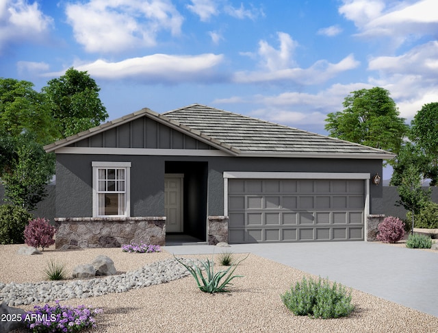 ranch-style home with stone siding, driveway, an attached garage, and stucco siding