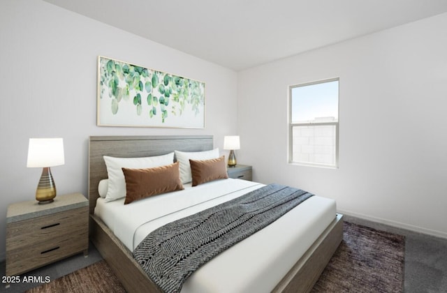 bedroom with baseboards and dark colored carpet