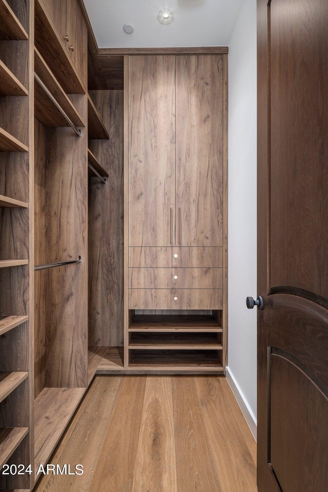 walk in closet with light wood-style floors