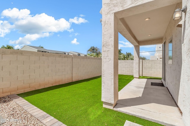 view of yard featuring a patio and a fenced backyard