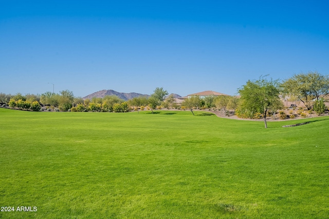 view of community with a lawn and a mountain view