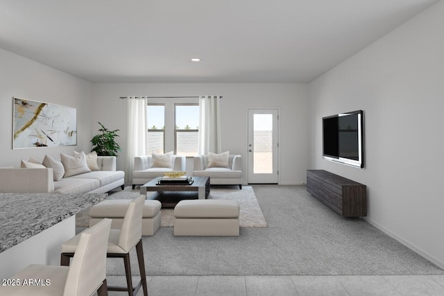 living area featuring light carpet, baseboards, and recessed lighting