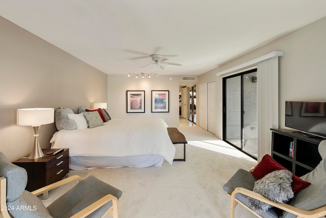 bedroom with access to outside, ceiling fan, and light colored carpet