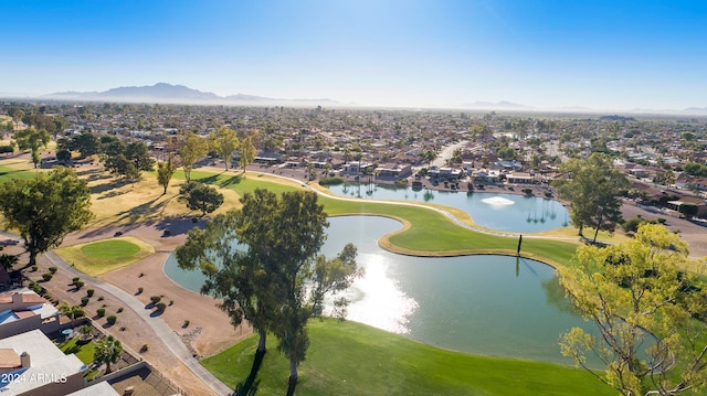 bird's eye view with a water and mountain view