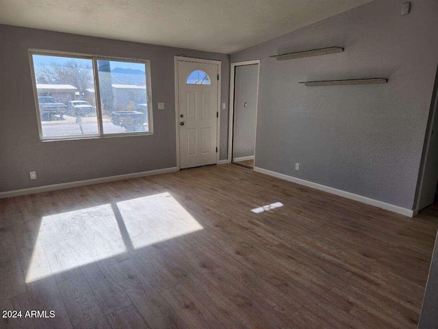 foyer entrance with wood-type flooring and lofted ceiling