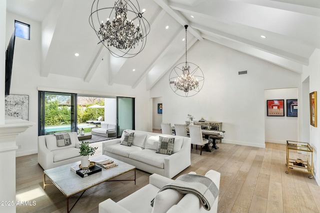 living room featuring beamed ceiling, high vaulted ceiling, a chandelier, and light wood finished floors